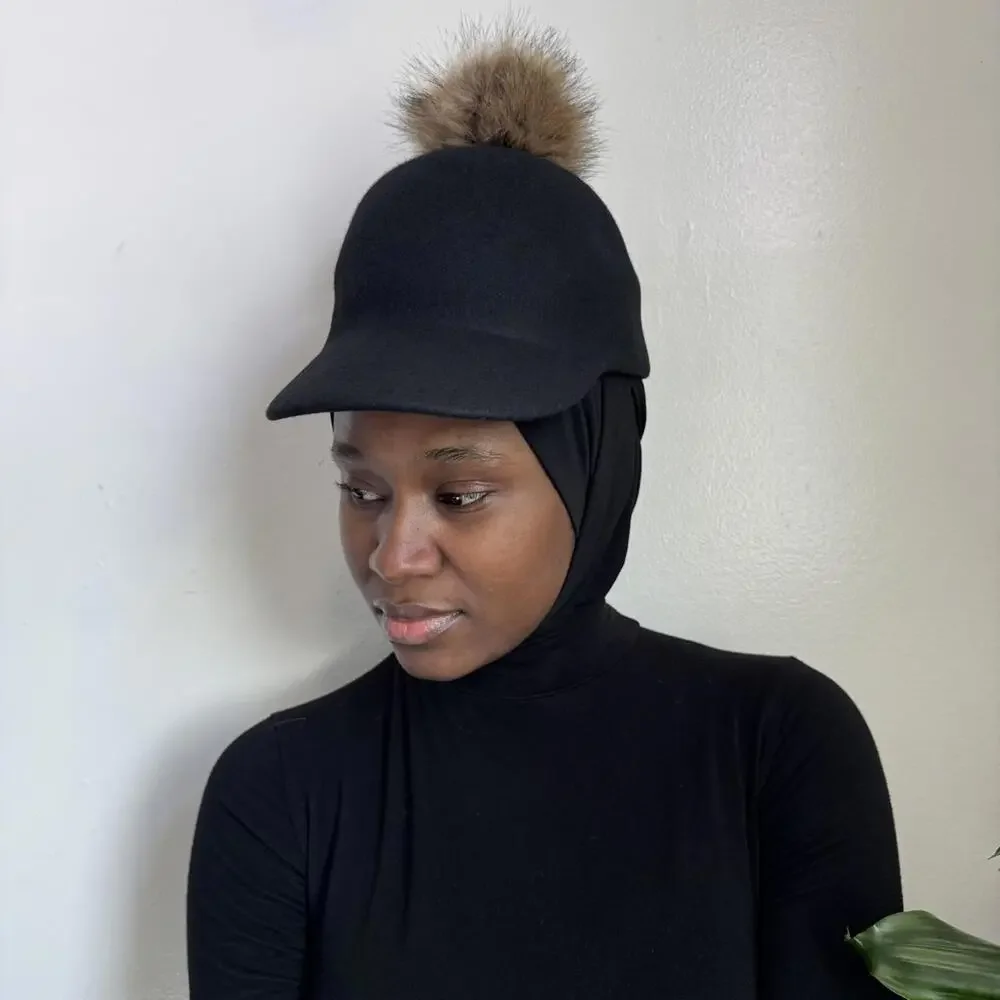 Nine West 100% Wool‎ Riding Cap with Faux Fur Pom
